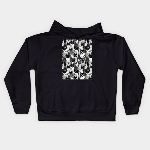 Black and white cats pattern Kids Hoodie by One Eyed Cat Design